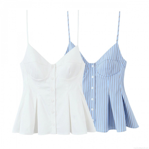 Women Sexy Poplin Striped Cami Top V-Neck Button Front Peplum Camisole Adjustable Strap Slim Fit Sleeveless Tank Top For Summer Date Night