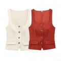 Women's Slim Fit Square Neck Button Up Suit Vest Sleeveless Business Work Office Waistcoat Casual Polyester Blend Tank Top