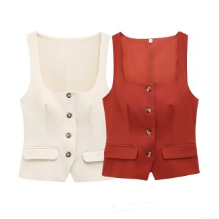 Women's Slim Fit Square Neck Button Up Suit Vest Sleeveless Business Work Office Waistcoat Casual Polyester Blend Tank Top