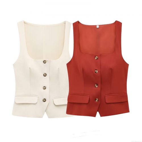 Women's Slim Fit Square Neck Button Up Suit Vest Sleeveless Business Work Office Waistcoat Casual Polyester Blend Tank Top