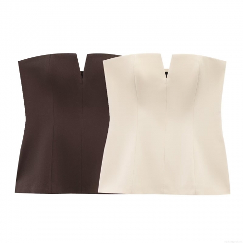 Women Sexy Strapless Tube Top V-Neck Notch Side Zipper Slim Fit Polyester Spandex Crop Top For Party Club Date Summer Casual Solid Color Elegant Minimalist Bandeau