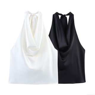 Women Sexy Backless Halter Top Cowl Neck Satin Sleeveless Blouse With Bow Tie Back Elegant Silk Texture Summer Camisole For Party Club Ladies
