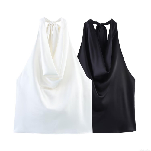Women Sexy Backless Halter Top Cowl Neck Satin Sleeveless Blouse With Bow Tie Back Elegant Silk Texture Summer Camisole For Party Club Ladies
