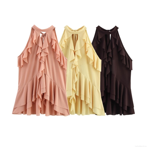 Women Halter Neck Top Elegant Layered Ruffles Sleeveless Chiffon Blouse For Summer Casual Party Vacation Fashion Commuter Solid Color Tie Back Tank Top