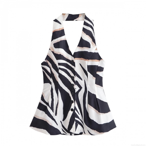 Women's Sexy Zebra Print Halter Neck Vest Top Fashion V-Neck Backless Button Down Peplum Tank Top Sleeveless Linen Blend Summer Chic Top For Women