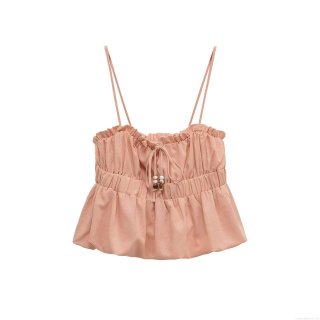 Women Summer Sexy Ruched Camisole Crop Top Sleeveless Ruffle Hem Tie Front With Bead Decor Spandex Polyester Slim Fit Tank Top For Party Casual