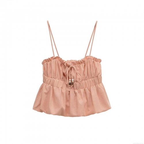 Women Summer Sexy Ruched Camisole Crop Top Sleeveless Ruffle Hem Tie Front With Bead Decor Spandex Polyester Slim Fit Tank Top For Party Casual