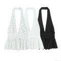 Women Sexy Halter Neck Backless Crop Top Tiered Ruffle Hem Crepe Fabric Sleeveless Polka Dot Solid Color Top For Summer Party Clubwear