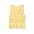 Women's Fashion Yellow Knitted Hollow Tank Top With Tassels Hem Round Neck Sleeveless Crochet Top For Summer Beach Party Sweet Casual Style