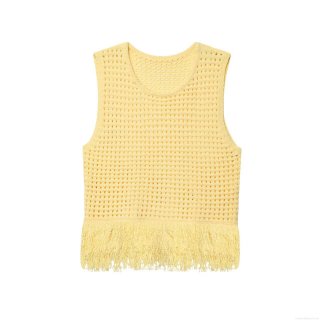 Women's Fashion Yellow Knitted Hollow Tank Top With Tassels Hem Round Neck Sleeveless Crochet Top For Summer Beach Party Sweet Casual Style