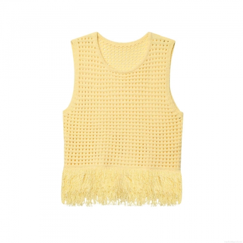 Women's Fashion Yellow Knitted Hollow Tank Top With Tassels Hem Round Neck Sleeveless Crochet Top For Summer Beach Party Sweet Casual Style