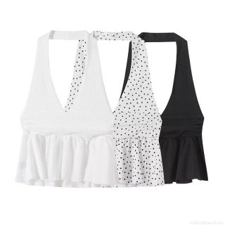 Women's Sexy Halter Neck Backless Peplum Top Polyester Spandex Ruched Ruffle Sleeveless Slim Fit Elegant Tank Top For Party Vacation Summer