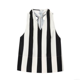 Women's Summer Vertical Striped Tank Top Loose V-Neck Sleeveless Blouse With Gold Button Casual Polyester Blend Shirt For Beach Daily Wear