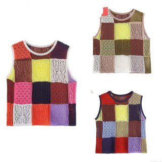 Women's Boho Crochet Knit Vest Patchwork Geometric Hollow Out Sleeveless Sweater Tank Top Round Neck Casual Beach Holiday Knitwear For Women