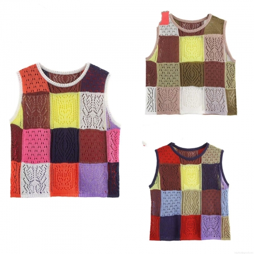 Women's Boho Crochet Knit Vest Patchwork Geometric Hollow Out Sleeveless Sweater Tank Top Round Neck Casual Beach Holiday Knitwear For Women