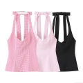 Women Sexy Halter Neck Crop Top Backless Bow Tie Slim Fit Summer Sleeveless Tank Top Fashion Solid Plaid Polyester Spandex Top