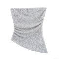 Sexy Women's Silver Sequin Strapless Top Asymmetric Hem Backless Polyester Spandex Shimmering Slim Fit Party Clubwear Bodycon Tank Top