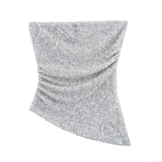 Sexy Women's Silver Sequin Strapless Top Asymmetric Hem Backless Polyester Spandex Shimmering Slim Fit Party Clubwear Bodycon Tank Top