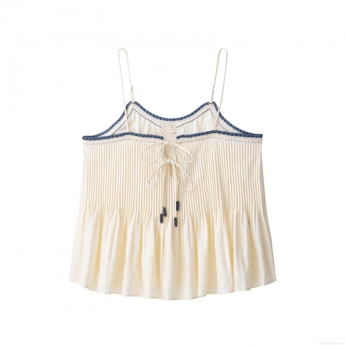 Women's Sexy Pleated Camisole Top Contrast Trim Square Neck Back Bow Tie Sleeveless Blouse Summer Casual Pure Desire Style Party Tank Top for Ladies