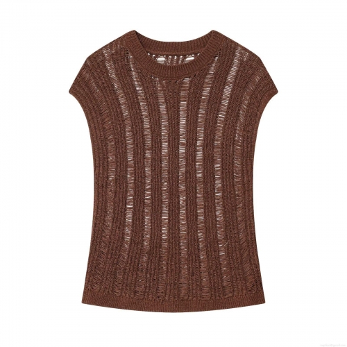 Women's Casual Knit Tank Top Hollow Out Crochet Sleeveless Round Neck Slim Fit Summer Breathable Vest Top For Daily Vacation