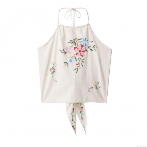 Women's Sexy Halter Neck Crop Top White Polyester Fabric Multi-Color Floral Embroidery Backless Lace-Up Hem Vest Summer Vacation Sleeveless Camisole For Women