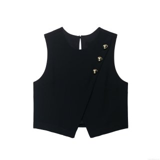 Women's Chic Sleeveless Vest Top With Golden Buttons Round Neck Solid Color Polyester Short Waistcoat For Office Lady Elegant Summer Apparel