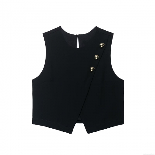 Women's Chic Sleeveless Vest Top With Golden Buttons Round Neck Solid Color Polyester Short Waistcoat For Office Lady Elegant Summer Apparel