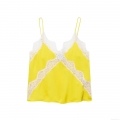Women Sexy Lace Patchwork Camisole Top 100% Polyester Woven Satin V-Neck Spaghetti Strap Crop Top Yellow Summer Party Clubwear Sleeveless Tank Top