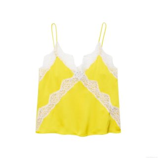 Women Sexy Lace Patchwork Camisole Top 100% Polyester Woven Satin V-Neck Spaghetti Strap Crop Top Yellow Summer Party Clubwear Sleeveless Tank Top