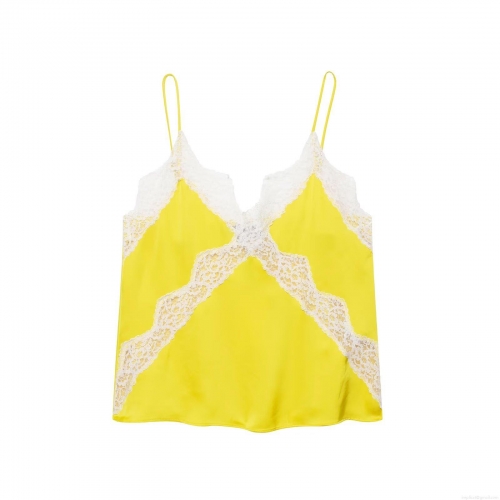 Women Sexy Lace Patchwork Camisole Top 100% Polyester Woven Satin V-Neck Spaghetti Strap Crop Top Yellow Summer Party Clubwear Sleeveless Tank Top