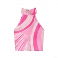 Women's Sexy Pink Wave Print Halter Top With Bow Detail Polyester Spandex Satin Backless Slim Fit Short Top For Party Dating Summer Vacation