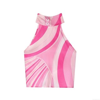 Women's Sexy Pink Wave Print Halter Top With Bow Detail Polyester Spandex Satin Backless Slim Fit Short Top For Party Dating Summer Vacation