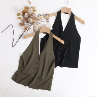 Women's Sexy Halter Neck Knit Vest V-Neck Button Down Ribbed Sleeveless Top Solid Color Viscose Nylon Blend Camisole For Summer Casual Party Dating Daily Wear