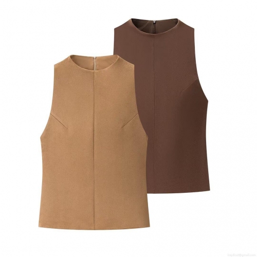 Women's Slim Fit Faux Suede Tank Top Vest Solid Color Round Neck Sleeveless Shirt With Back Invisible Zipper For Daily Party Streetwear
