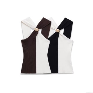 Women's Halter Neck Ribbed Knit Top Color Block Backless Sleeveless Camisole With Metal Ring Detail Sexy Slim Fit Summer Fashion Tank Top For Women Party Clubwear