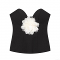 Women's Sexy Black Bandeau Top With Large 3D White Mesh Flower Slim Fit Strapless Polyester Party Clubwear Top For Ladies