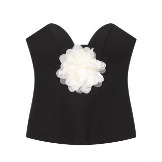 Women's Sexy Black Bandeau Top With Large 3D White Mesh Flower Slim Fit Strapless Polyester Party Clubwear Top For Ladies