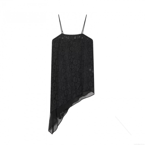 Women's Sexy Black Floral Lace Camisole Top With Asymmetric Chiffon Hem Spaghetti Strap Slim Fit Sleeveless Cami For Summer Party Streetwear