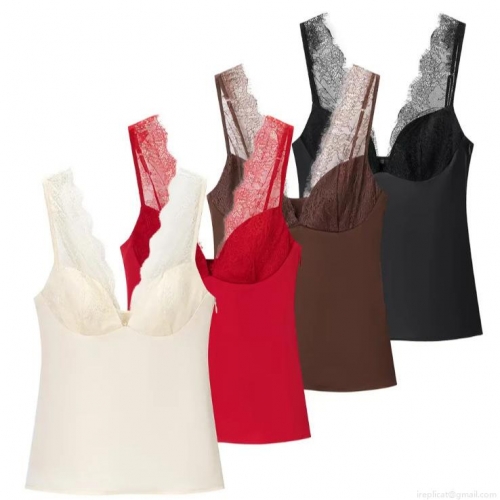 Women's Elegant Black Lace Patchwork Satin Camisole Sexy V-Neck Sleeveless Slim Fit Top for Party Club Daily Wear