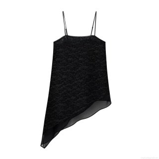 Women Sexy Black Lace Camisole Top With Irregular Chiffon Hem Sleeveless Spaghetti Strap Asymmetric Longline Top For Party Dating Streetwear