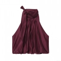 Women's Sexy Elegant Satin Halter Neck Top Bow Tie Backless Ruffle Pleated Solid Color Sleeveless Camisole Shirt For Dating Party Club