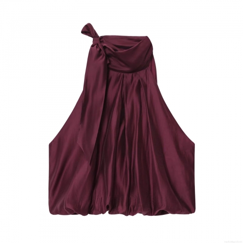 Women's Sexy Elegant Satin Halter Neck Top Bow Tie Backless Ruffle Pleated Solid Color Sleeveless Camisole Shirt For Dating Party Club