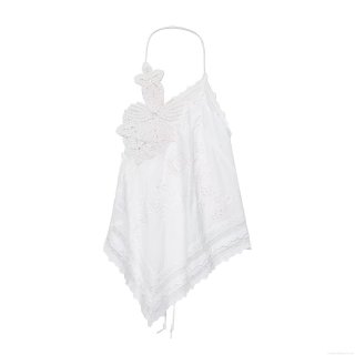Women's Sexy White Halter Backless Crochet Embroidery Top With 3D Flower Detail Asymmetrical Hem Polyester Spandex Camisole For Summer Vacation Party