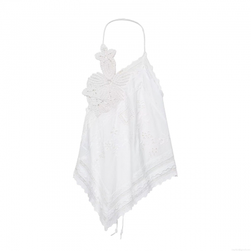 Women's Sexy White Halter Backless Crochet Embroidery Top With 3D Flower Detail Asymmetrical Hem Polyester Spandex Camisole For Summer Vacation Party