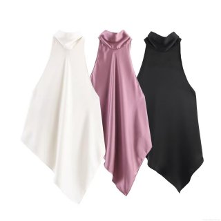 Women's Sexy Halter Neck Satin Top Backless Asymmetric Hem Sleeveless Blouse For Party Elegant Solid Color Silk-Like Camisole Socialite Style Clubwear