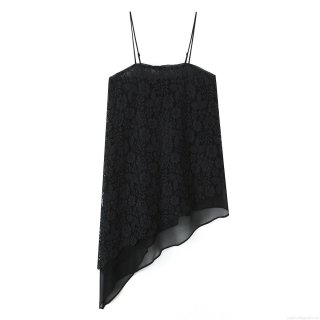 Women's Sexy Black Lace And Chiffon Asymmetrical Cami Top Strappy Sleeveless Patchwork Camisole For Summer Party Club Streetwear
