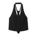 Women Sexy Halter Neck Tank Top With Removable Tie Decor Solid Black Polyester Woven Sleeveless Slim Fit Shirt For Party Clubwear Ladies Fashion Tops