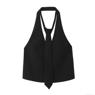 Women Sexy Halter Neck Tank Top With Removable Tie Decor Solid Black Polyester Woven Sleeveless Slim Fit Shirt For Party Clubwear Ladies Fashion Tops