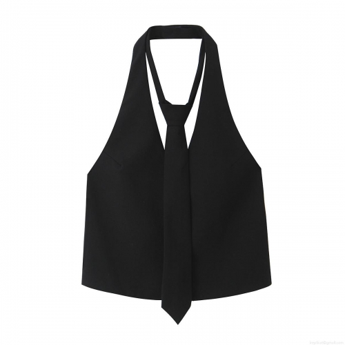 Women Sexy Halter Neck Tank Top With Removable Tie Decor Solid Black Polyester Woven Sleeveless Slim Fit Shirt For Party Clubwear Ladies Fashion Tops