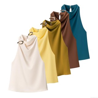 Women's Halter Neck Sleeveless Top Elegant Satin Blouse with Gold Metal Ring Accessory Solid Color Backless Keyhole Shirt for Party Clubwear Fashion